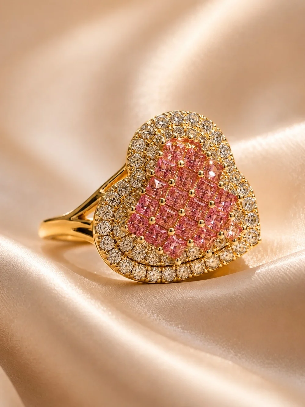 Lsminated 14k Gold Heart Ring with Pink and Clear Stones